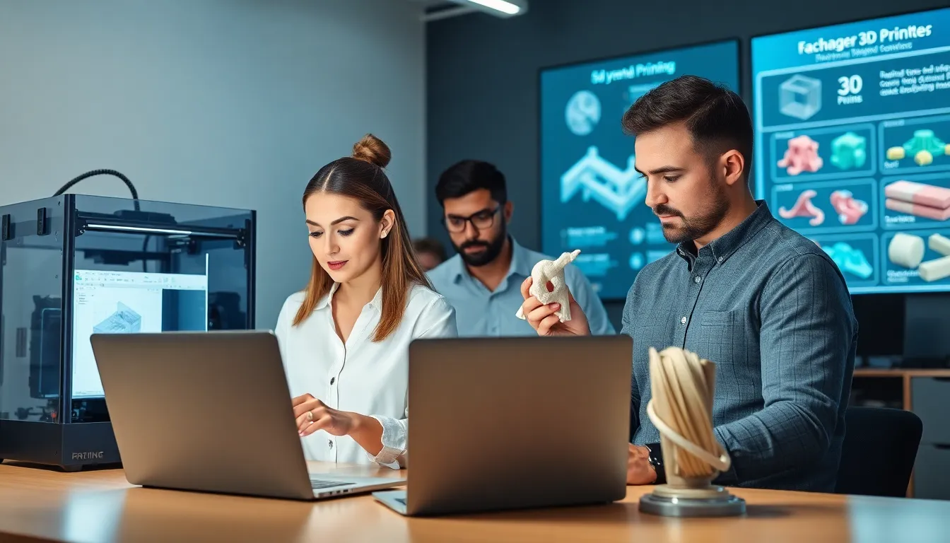 engineers collaborating in a modern office on 3D printing design.