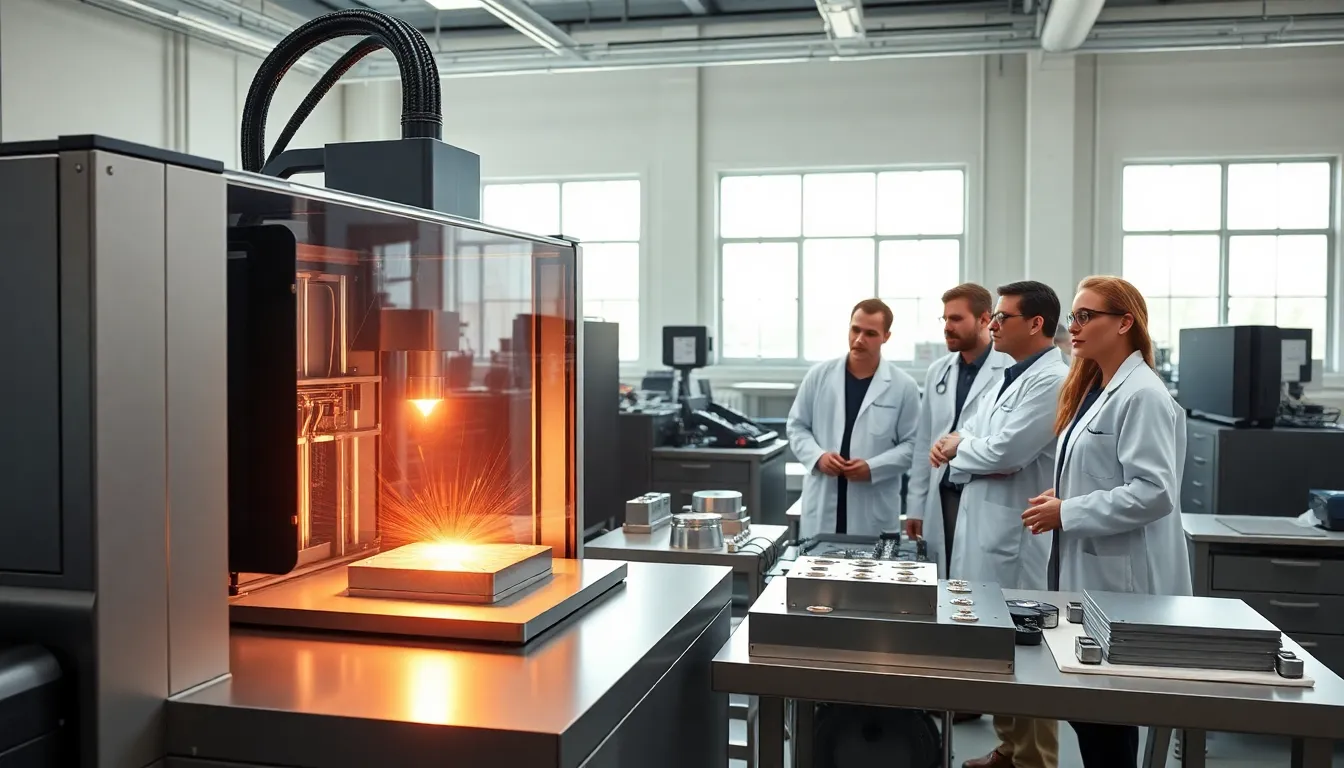 engineers operating an SLM 3D printer in a modern industrial environment.