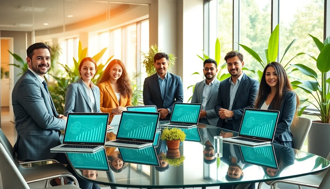 diverse team discussing sustainable supply chain technology in a modern office.
