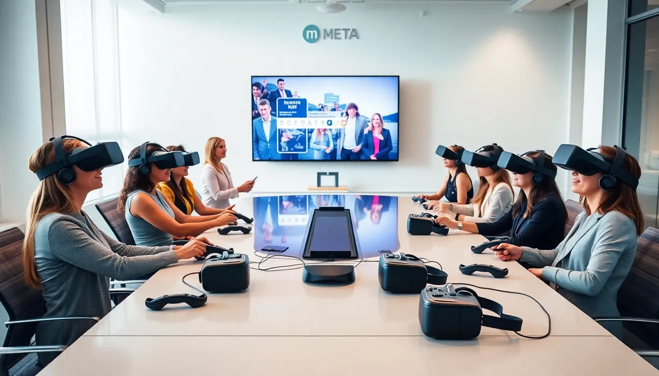diverse professionals exploring virtual reality in a modern office.