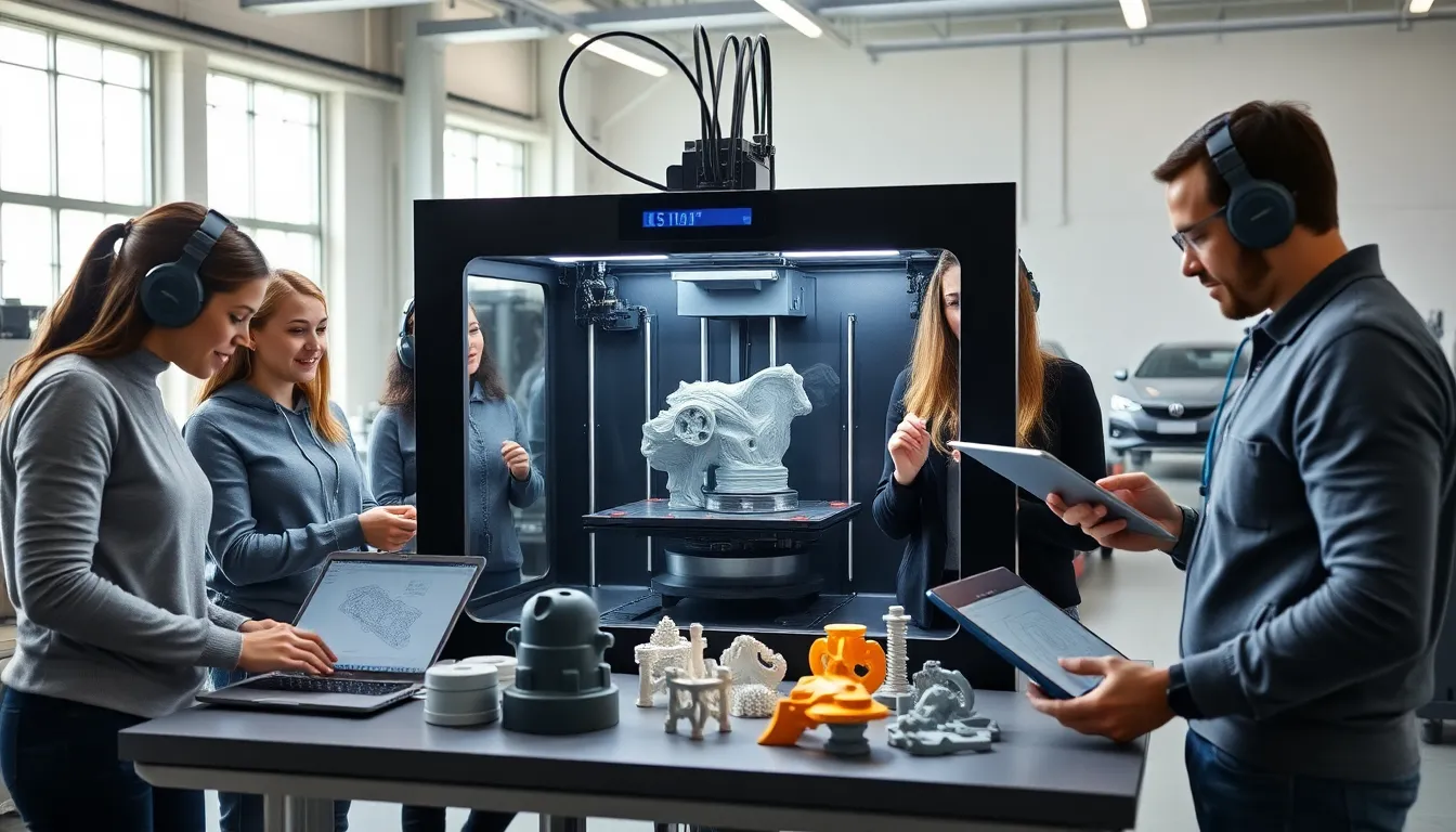 diverse team collaborating on 3D printed car parts in a modern workshop.