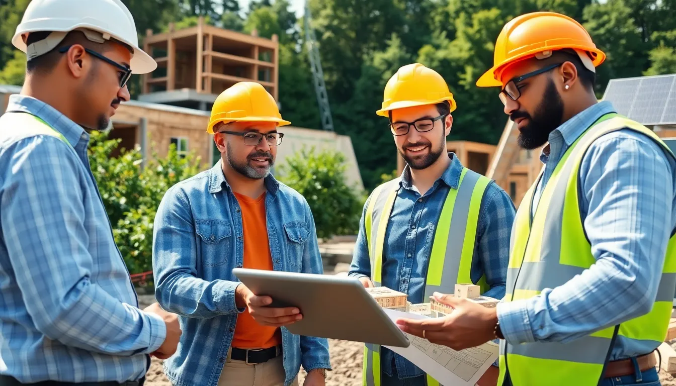 diverse team analyzing sustainable building designs on a construction site.