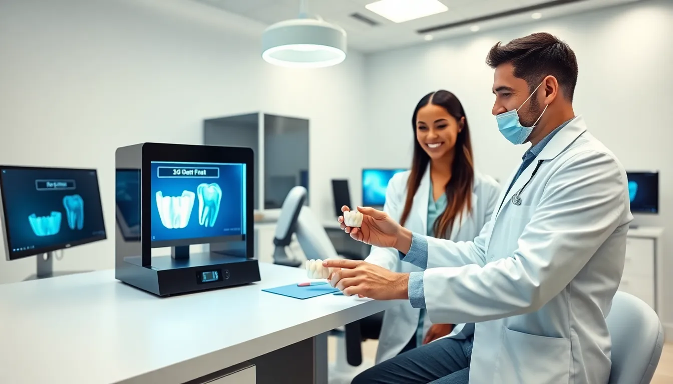 dental team using 3D printing technology in a modern clinic.