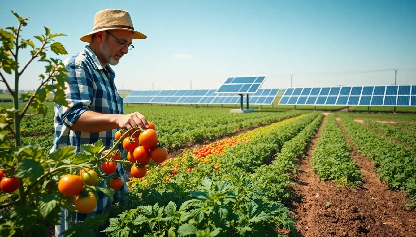 diverse farmer inspecting organic tomatoes on a sustainable farm.