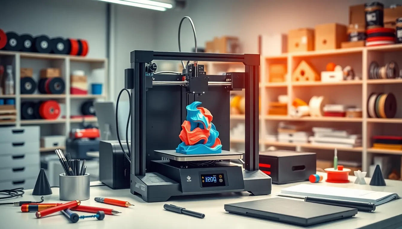 3D printer producing a model with a raft in a modern workshop.