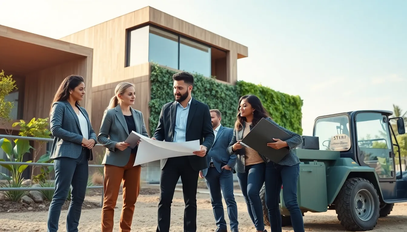 diverse professionals discussing sustainable building technology at a modern construction site.