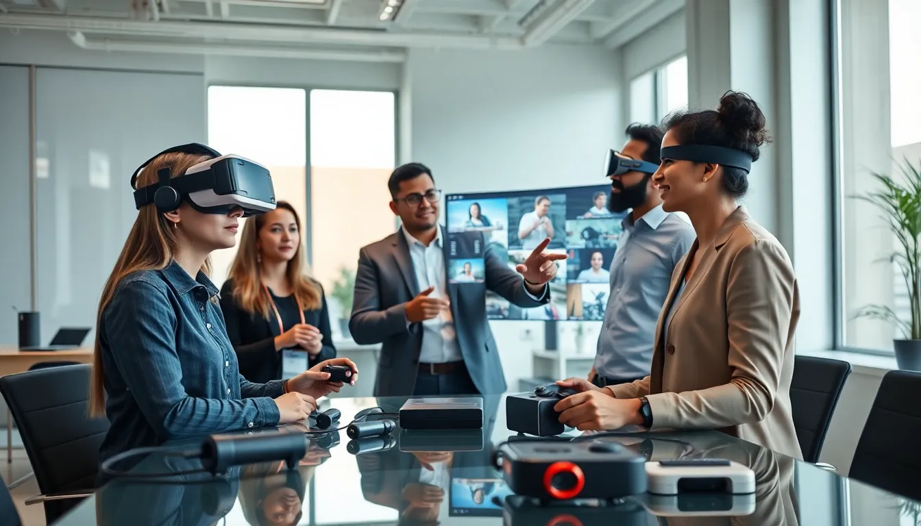 professionals demonstrating virtual reality applications in a modern office.