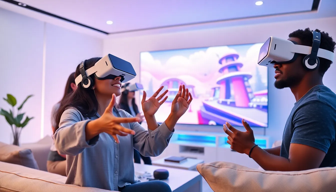 diverse group enjoying a virtual reality anime experience in a modern setting.